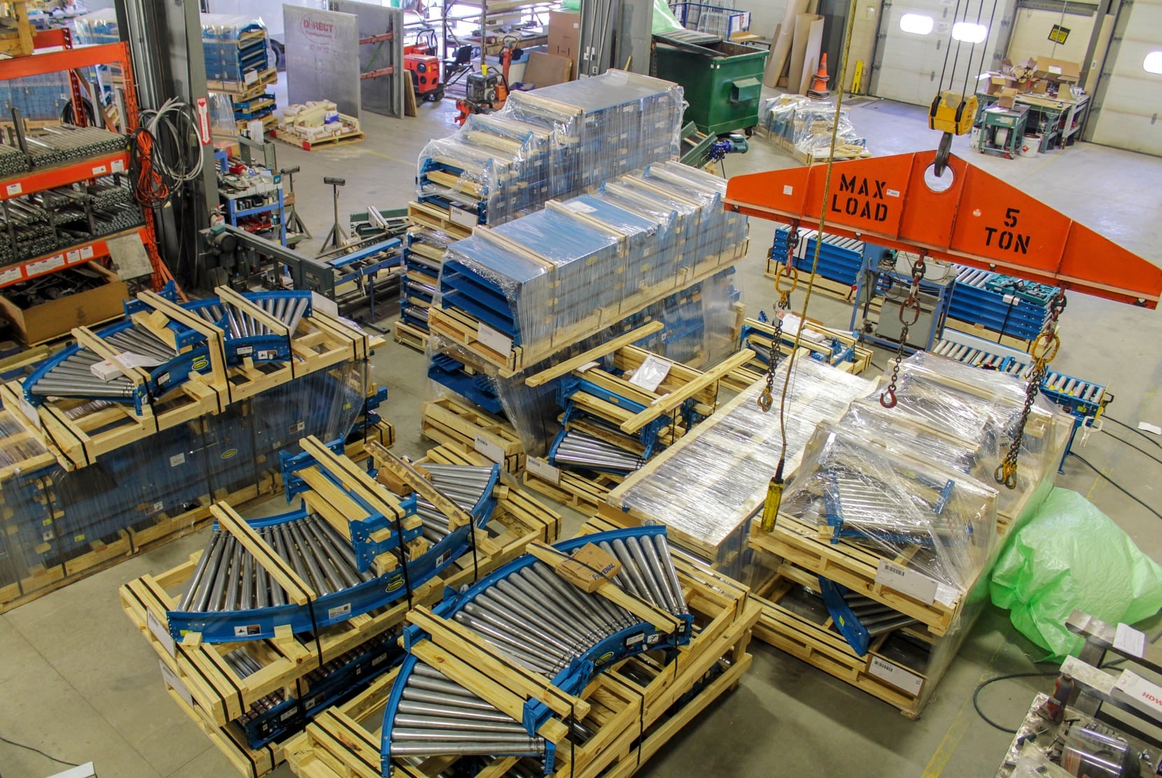Conveyor sections crated and staged in the Norpak plant